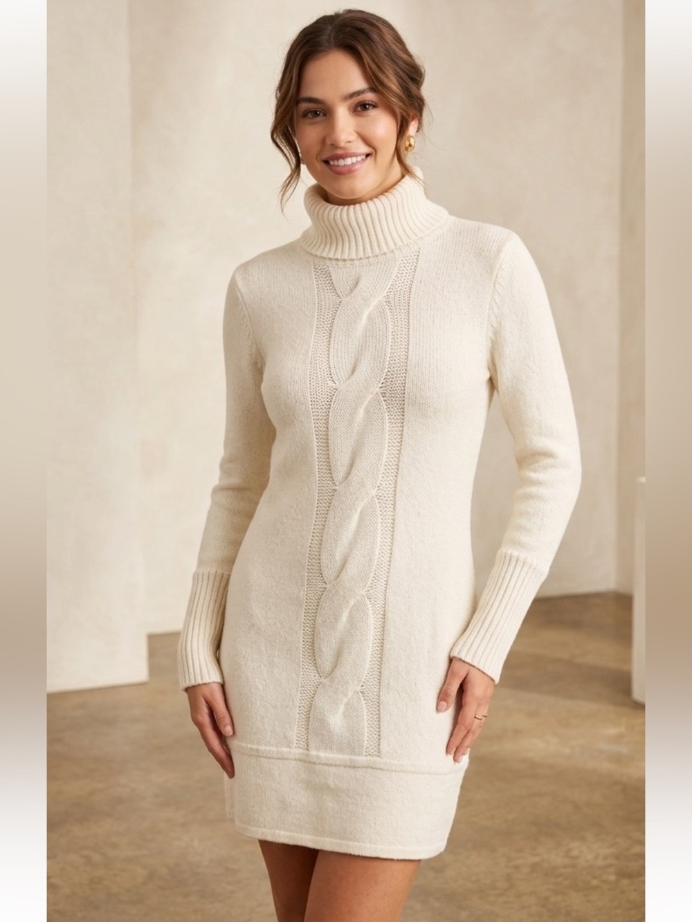 INC Cream Cable-Knit Turtleneck Sweater Dress